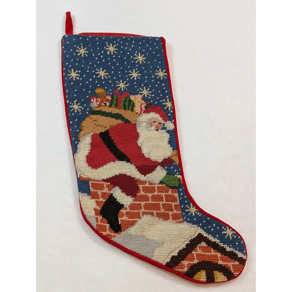Vintage Christmas Stocking Wool Needlepoint Santa Chimney Roof Bag of Toys Stars